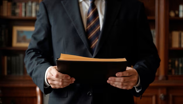 Professional lawyer in suit reviewing case files, symbolizing dedication to personal injury law.