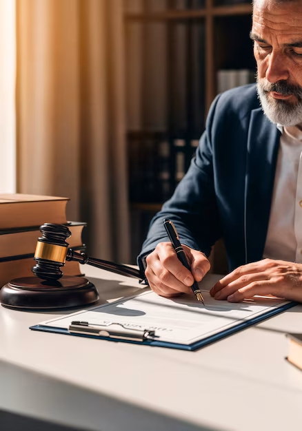 Professional lawyer in suit reviewing case files, symbolizing dedication to personal injury law.