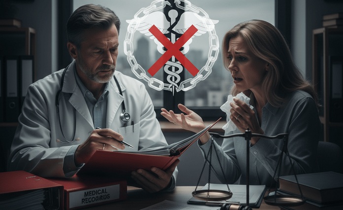 Doctor reviewing medical records with a concerned patient, symbolizing medical negligence and malpractice claims.