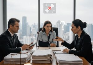 Insurance adjuster discussing a personal injury claim with an attorney and injured client during a settlement negotiation meeting.