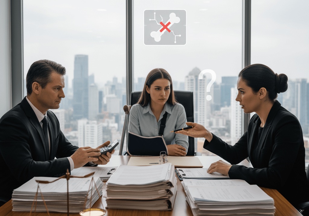 Insurance adjuster discussing a personal injury claim with an attorney and injured client during a settlement negotiation meeting.