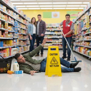 Slip and fall accident on a wet floor in a store, showing a warning sign and a person on the ground.