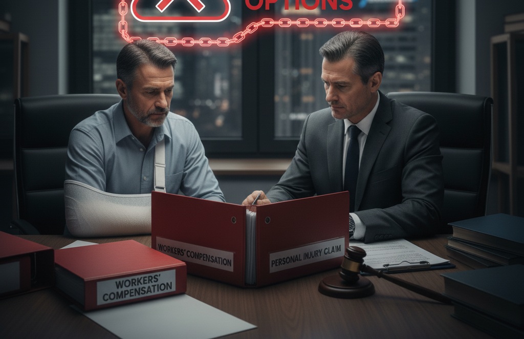 Injured worker consulting a lawyer about workers’ compensation and personal injury claim options for a workplace accident.