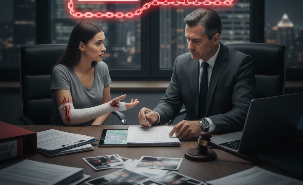 A personal injury lawyer discussing a dog bite case with a client showing arm injuries from an aggressive dog attack.