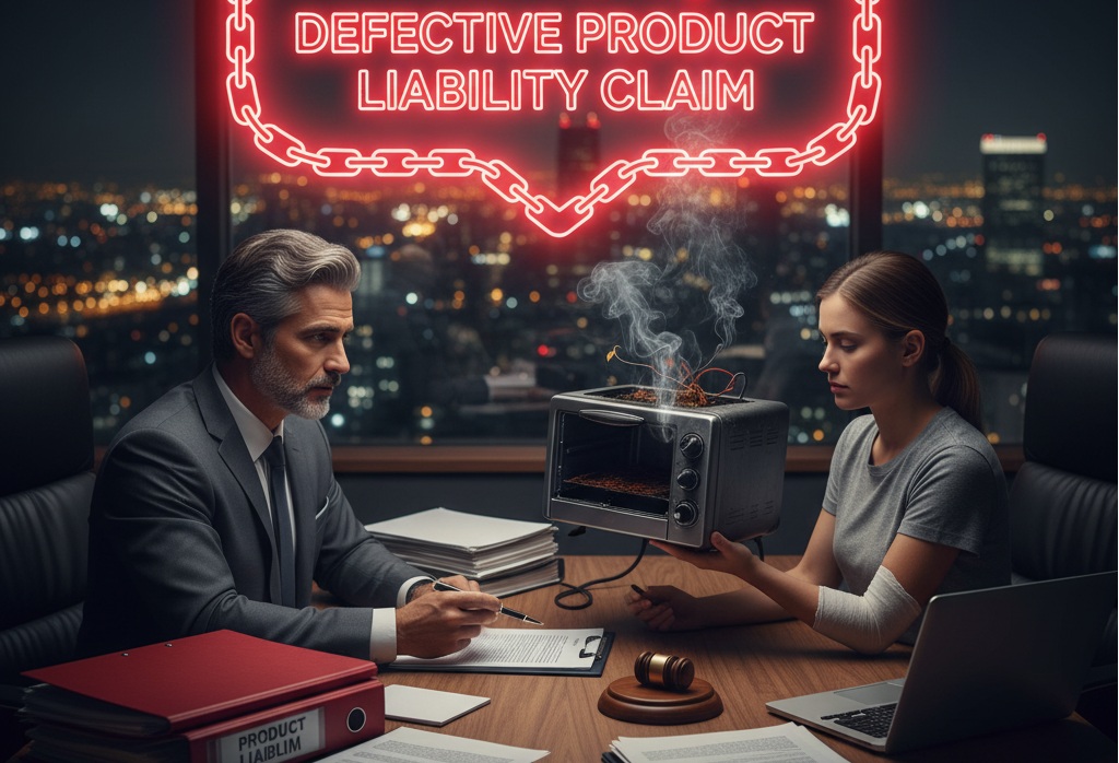 A personal injury lawyer reviewing a defective product case with an injured client holding a damaged household appliance.