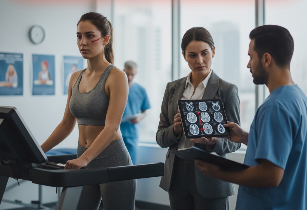 Accident victim with a traumatic brain injury undergoing rehabilitation therapy while consulting a personal injury attorney for compensation.