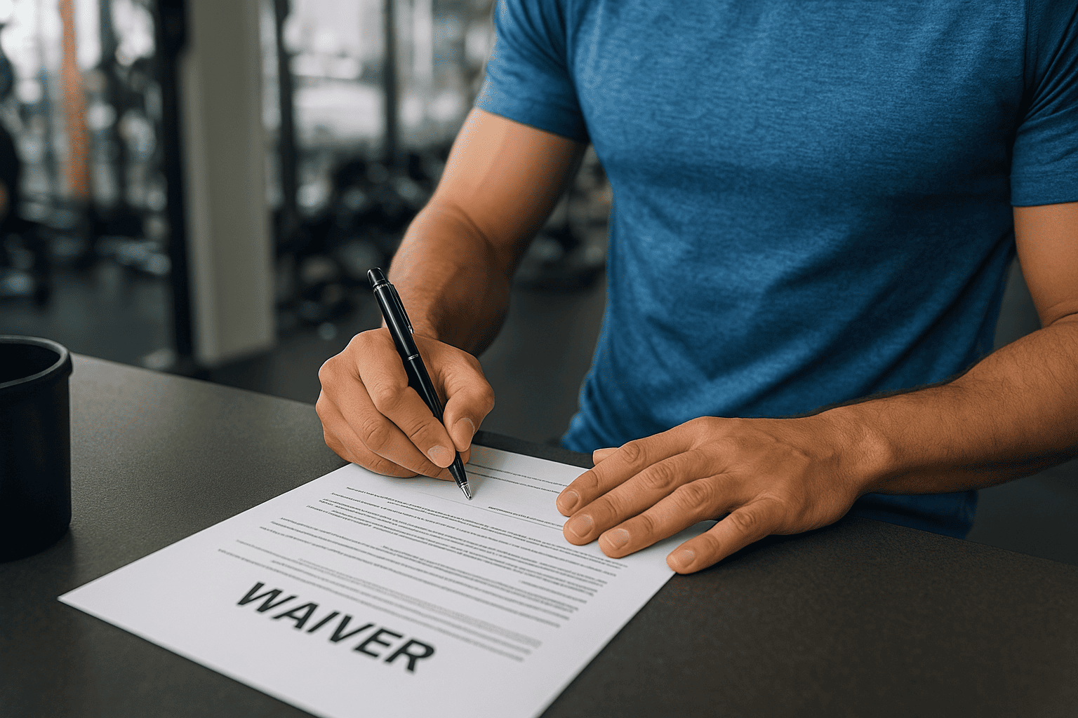 “Nevada personal injury lawyer reviewing liability waiver with injured client after gym or recreational accident.” “Person signing liability waiver form at gym desk before workout.” “Attorney highlighting fine print on waiver document to explain client’s legal rights.” “Judge reviewing negligence case where waiver validity is challenged in Nevada court.”