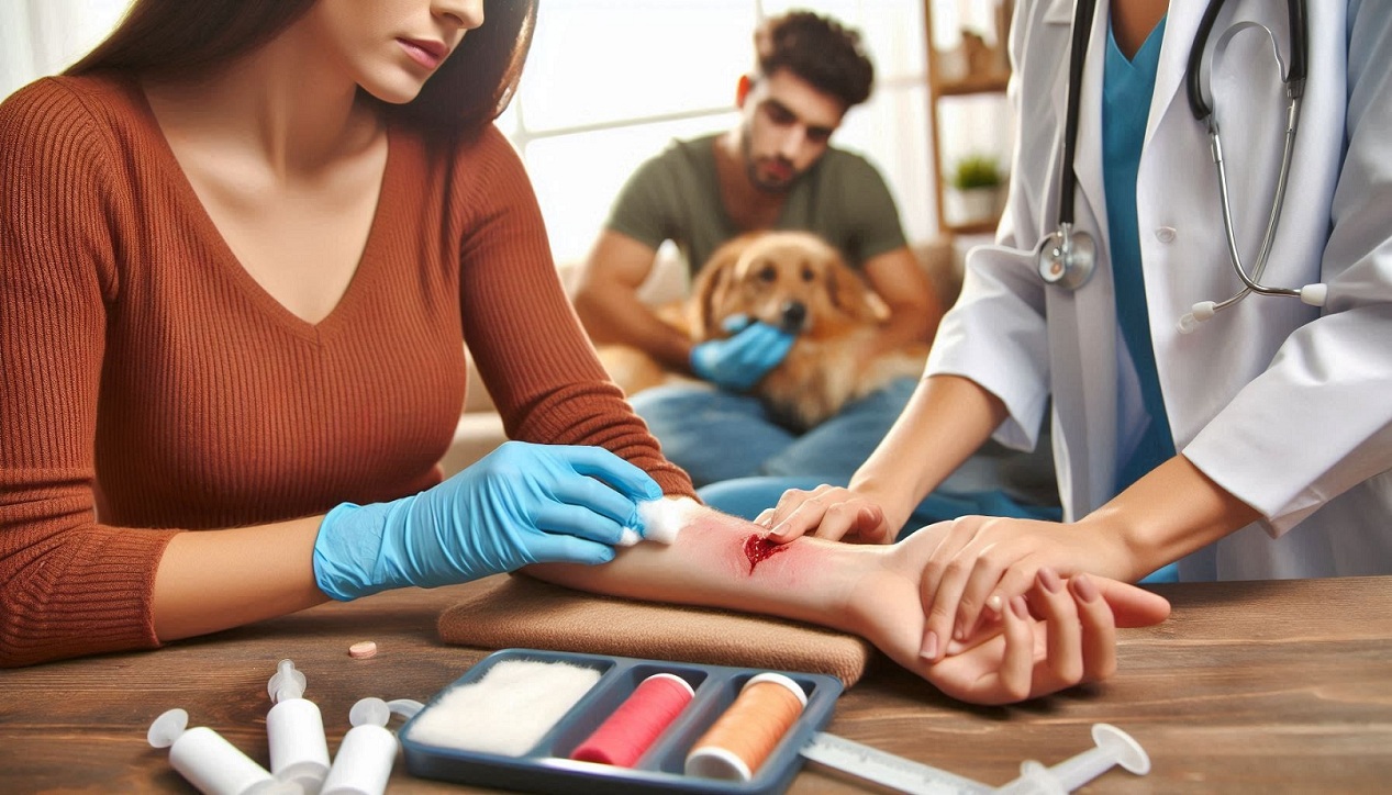 “Emergency wound care being administered for a dog bite injury on a forearm.”