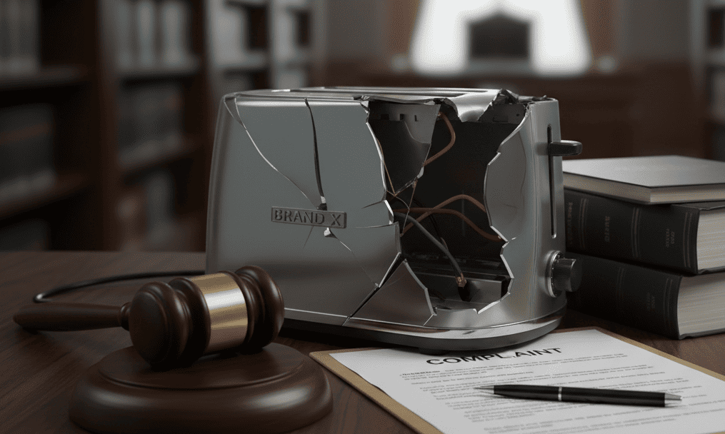 "Defective product liability concept showing a broken consumer product beside a judge’s gavel and legal documents."