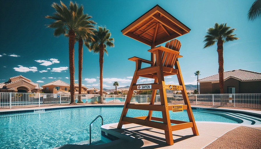 “Lifeguard chair overlooking a residential swimming pool with safety fence and warning signs in Nevada.”