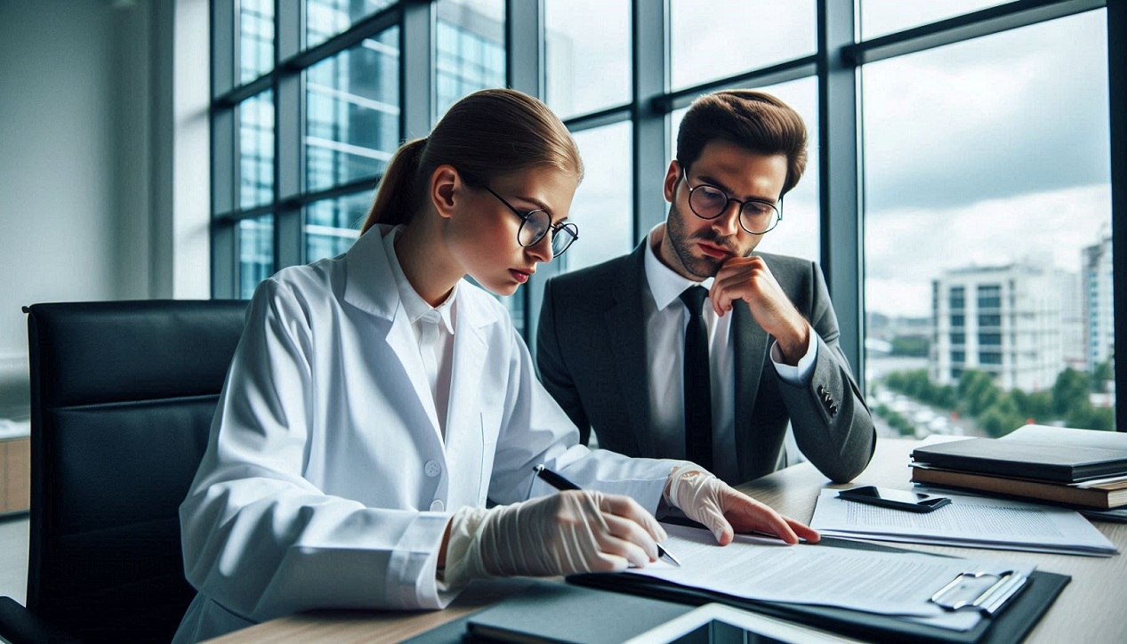 “Medical expert consulting with attorney while reviewing injury documentation for a personal injury case.”