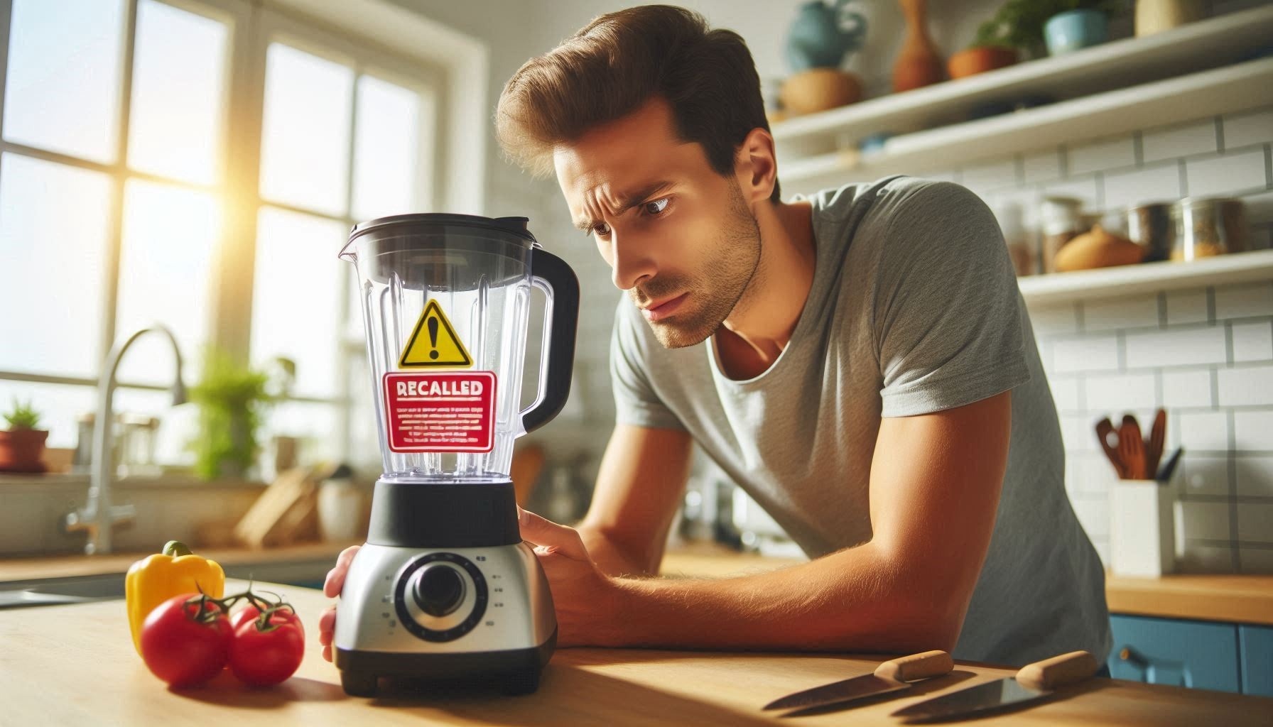 “Person examining a recalled blender with visible warning label.”