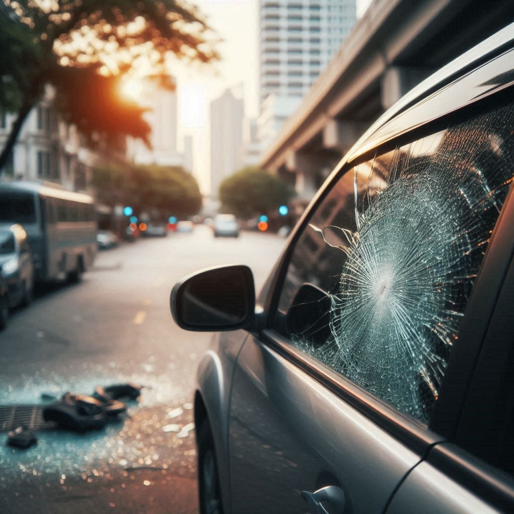 Close-up of shattered car glass on the car seat after vandalism