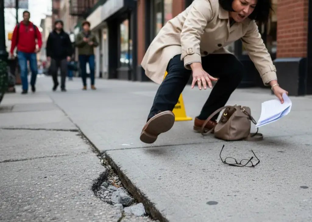 Cracked and uneven sidewalk causing a pedestrian trip and fall injury.