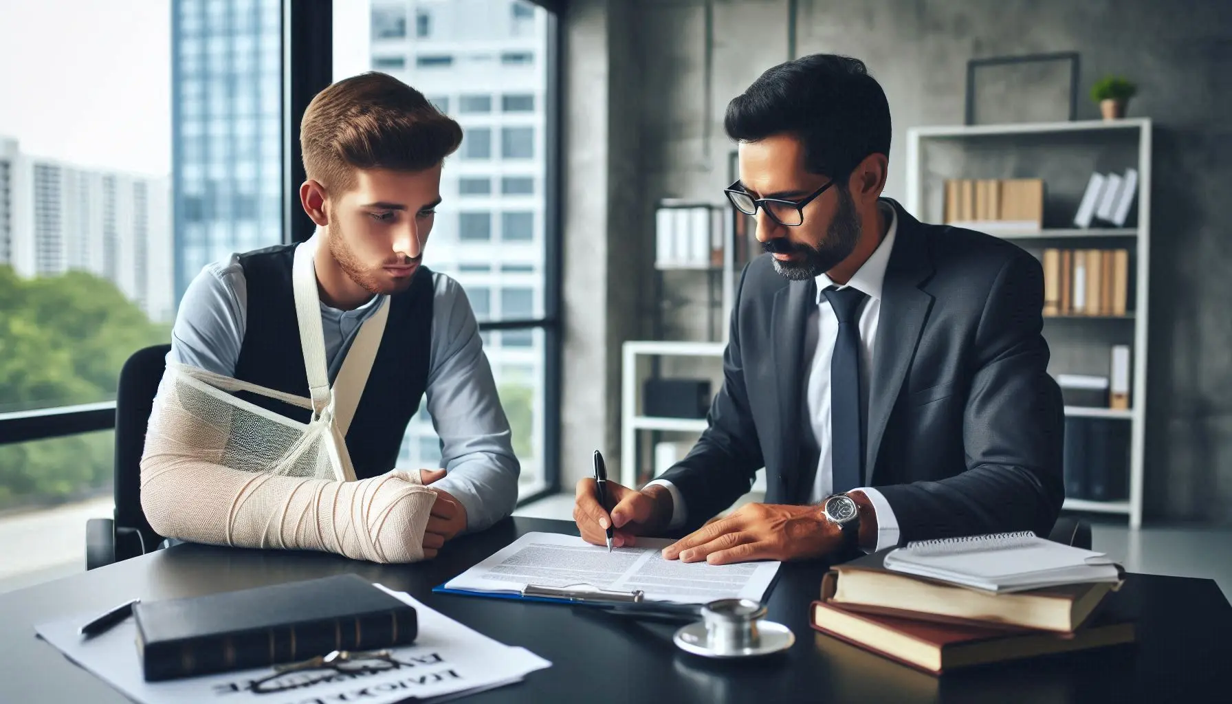 Injured customer reviewing a liability waiver with a personal injury attorney.