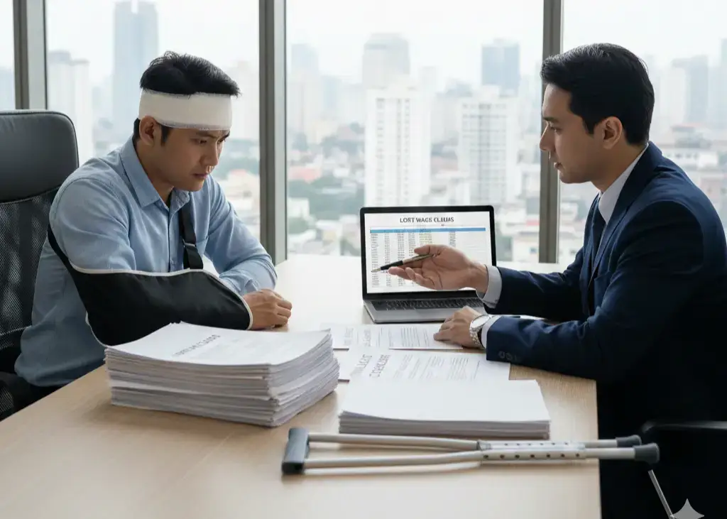 Injured worker reviewing Lost Wages documents with a personal injury attorney after a car accident.