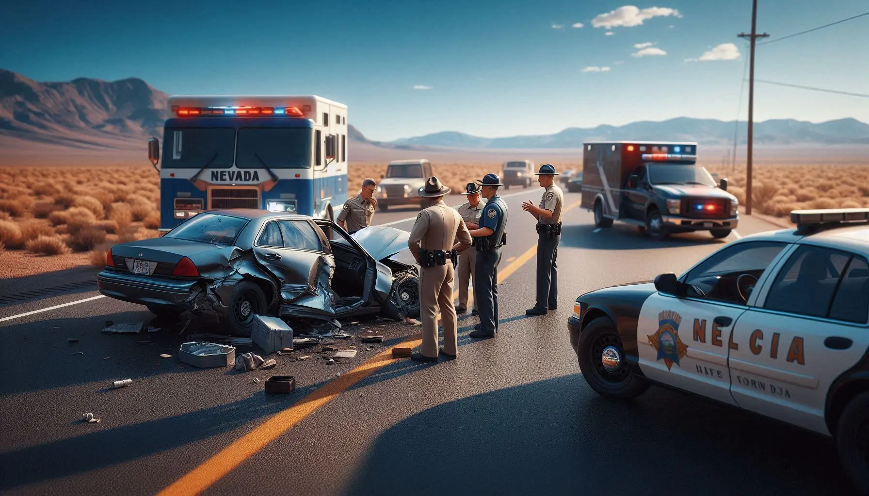 Nevada car crash scene with drivers speaking to police officers.