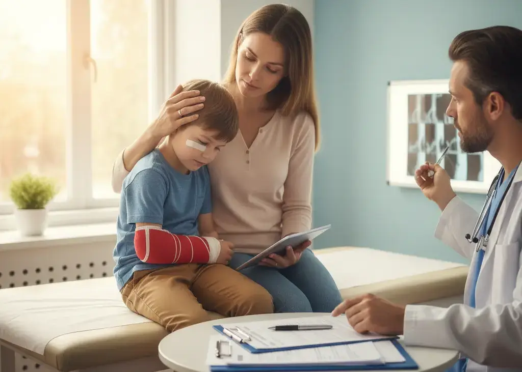 Parent comforting an injured child at a doctor’s office after an accident, preparing legal and medical documentation.