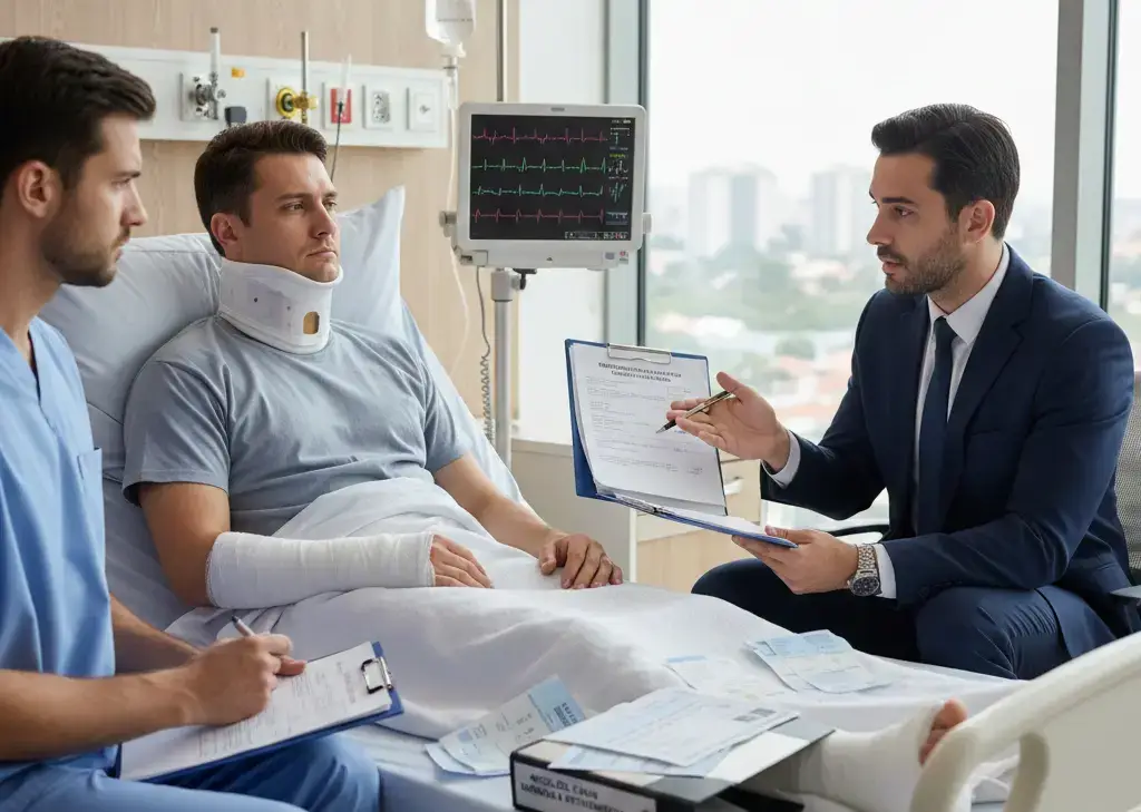 “Patient receiving Medical Bills and medical treatment after a car accident, discussing bills and insurance options with a personal injury attorney.”