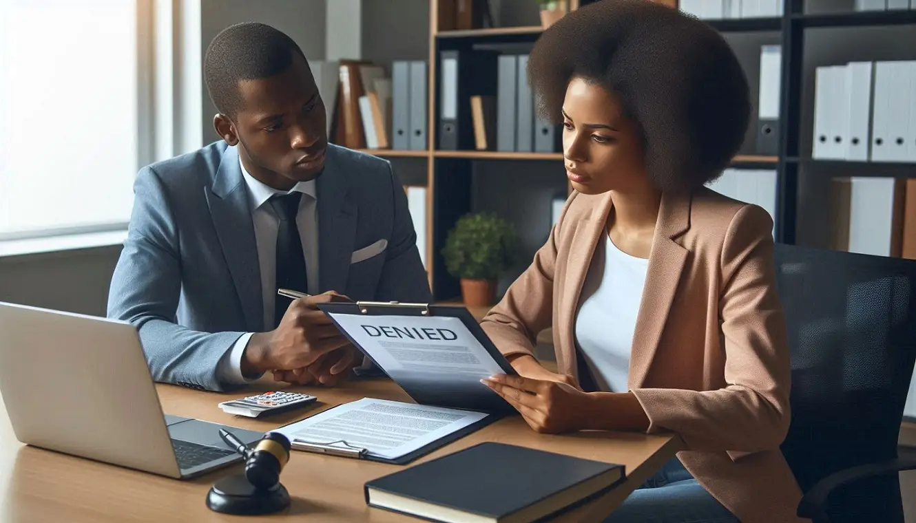“Policyholder reviewing a denied insurance claim document while consulting with a personal injury attorney.”