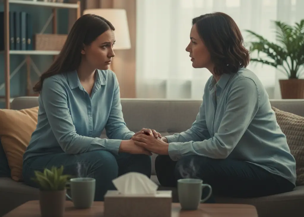 Survivor speaking with a supportive advocate in a private setting after a sexual assault.