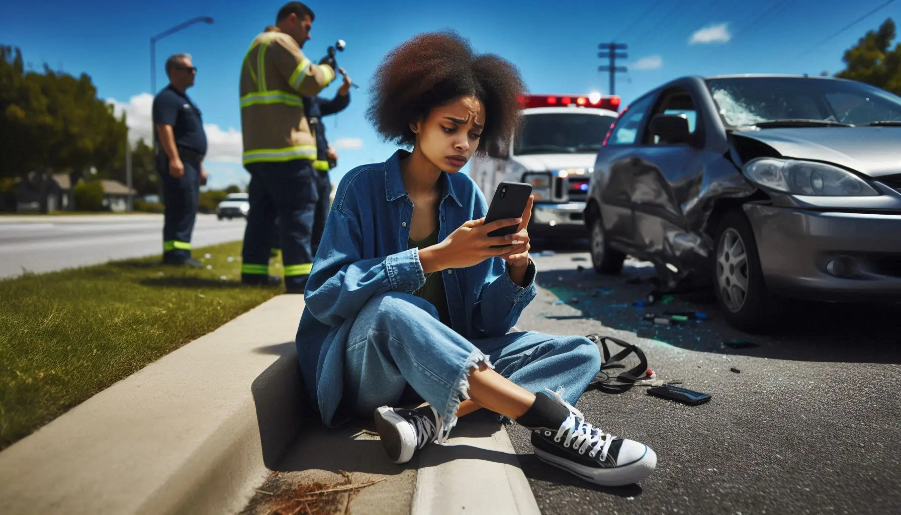 “Injured Uber passenger documenting car accident scene and rideshare app details after a crash.”