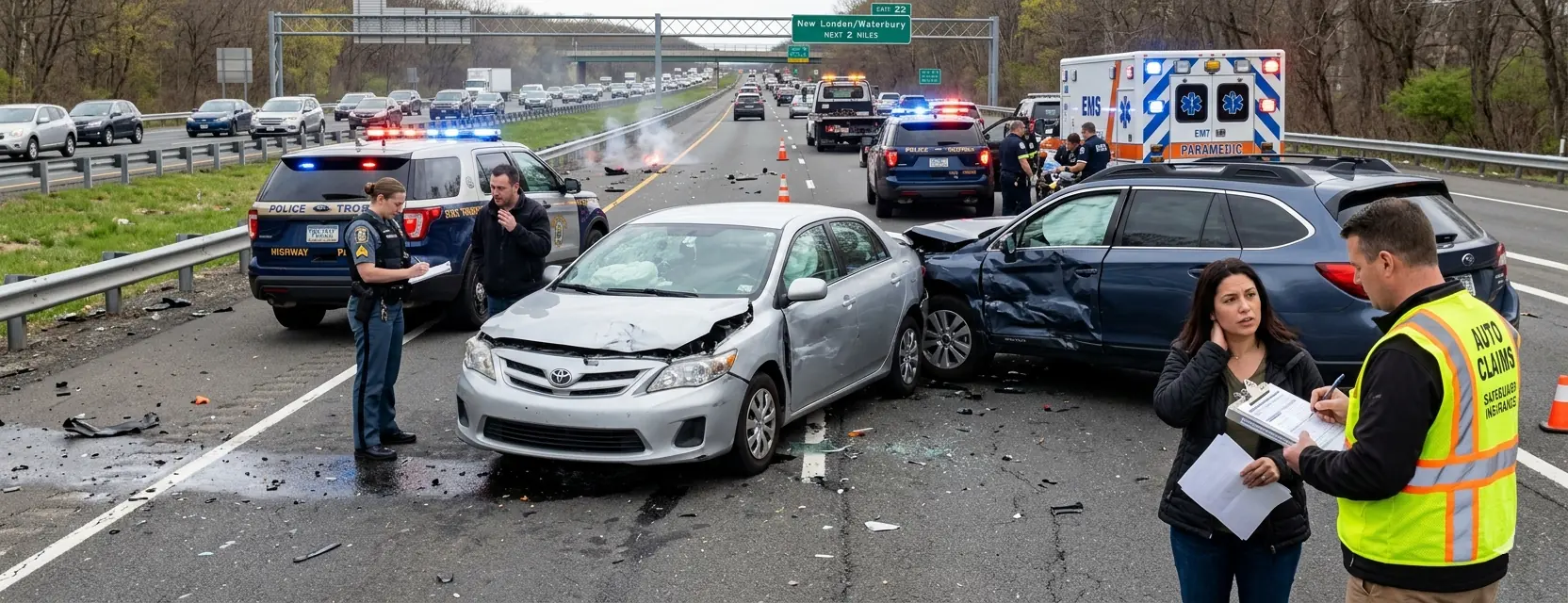 “Car accident scene on a highway with damaged vehicles, police response, and injury claim documentation.”
