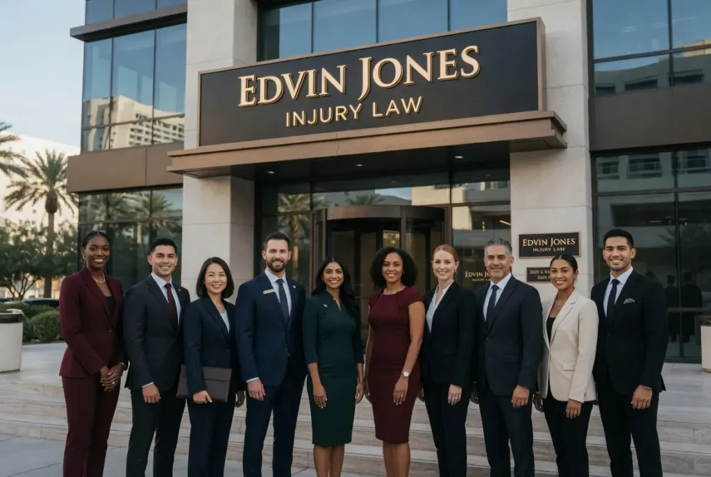 Group of diverse lawyers standing in front of Edvin Jones Injury Law office building.