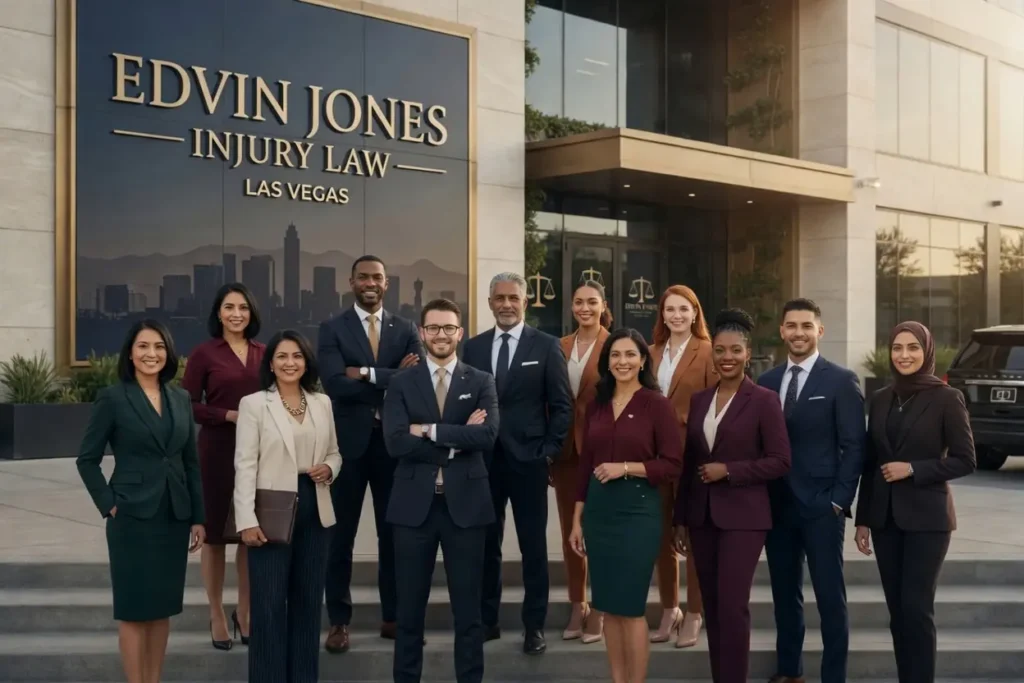 Bir hukuk bürosunun önündeki merdivenlerde poz veren, iş kıyafetli ve farklı kökenlerden gelen avukatlar grubu; arka planda “Edvin Jones Injury Law Las Vegas” tabelası görülüyor. Farsça konuşan yaralanma davaları avukatı