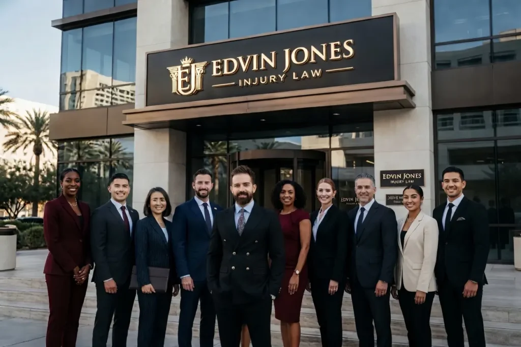 Edvin Jones Yaralanma Hukuku Bürosu’nun önünde duran, iş kıyafeti giymiş, farklı mesleklerden on kişilik bir grup.