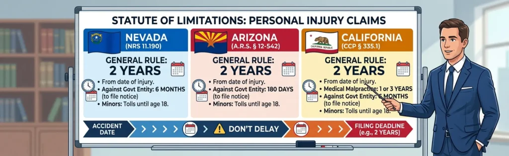Nevada, Arizona ve Kaliforniya’daki yaralanma davaları için zamanaşımı sürelerini açıklayan kişisel yaralanma avukatı. Kişisel Yaralanma Davası