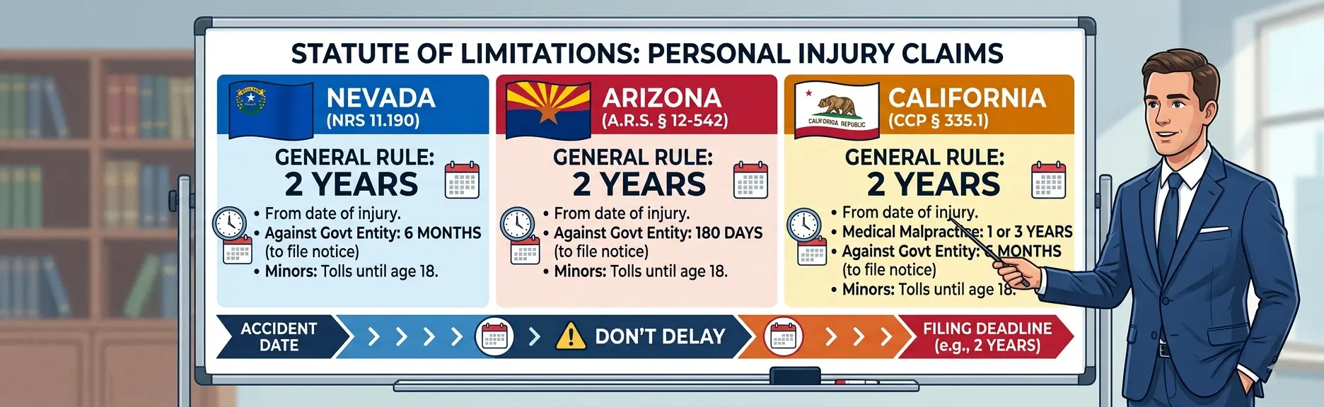 Personal injury attorney explaining statute of limitations deadlines for injury claims in Nevada, Arizona, and California.