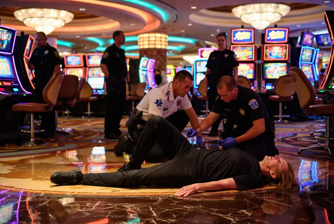 slip and fall , Slip and fall accident victim on a casino floor in Las Vegas while emergency personnel respond Injured visitor documenting a hazardous wet floor after a slip and fall accident in Nevada Property owner liability illustration showing unsafe conditions such as wet floors, broken stairs, and poor lighting فردی که پس از لغزش و زمین خوردن در یک کازینوی لاس‌وگاس آسیب دیده و نیروهای امدادی در محل حضور دارند بازدیدکننده آسیب‌دیده در حال ثبت عکس از کف خیس و شرایط خطرناک پس از حادثه زمین خوردن در نوادا تصویر مفهومی مسئولیت اماکن شامل کف لغزنده، پله‌های معیوب، نورپردازی ضعیف و سایر خطرات ایمنی