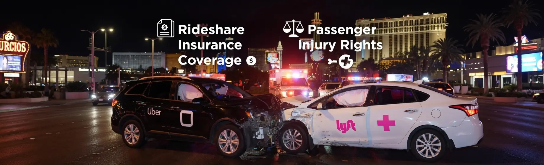 Damaged Uber vehicle involved in a rideshare accident in Las Vegas with emergency responders at the scene. Personal injury attorney reviewing an Uber accident claim with an injured passenger. Uber and Lyft accident in Las Vegas highlighting rideshare insurance coverage and passenger injury rights.