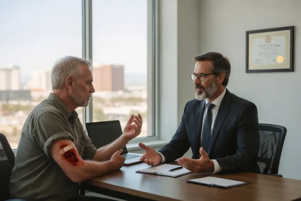 Dog bite injury victim consulting with a Las Vegas dog bite lawyer after suffering serious injuries from an animal attack in Nevada.