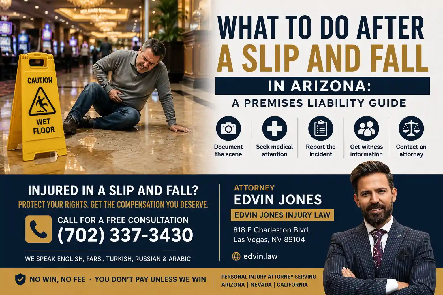 Edvin Jones, Las Vegas personal injury lawyer, helping victim in Nevada. ادوین جونز، وکیل آسیبهای شخصی در لاسوگاس، در حال مشاوره با قربانی در نوادا. Contact Edvin Jones, Personal Injury Lawyer, for a free consultation. Call 702-337-3430.