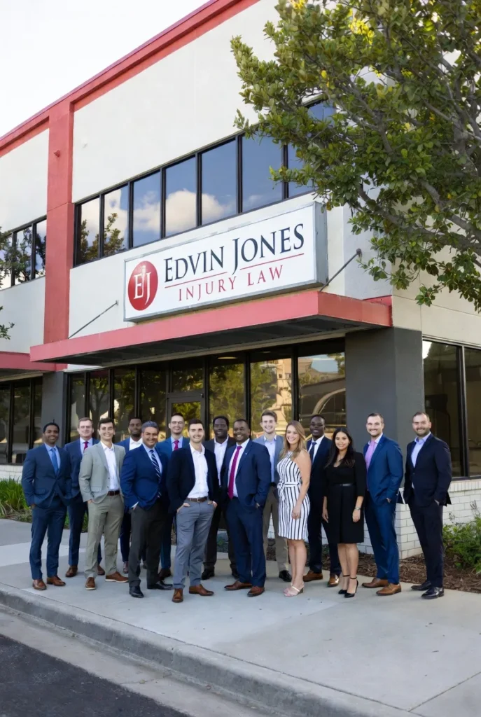 Group of diverse lawyers standing in front of Edvin Jones Injury Law office building. Henderson Personal Injury Lawyer | Edvin Jones Injury Law
