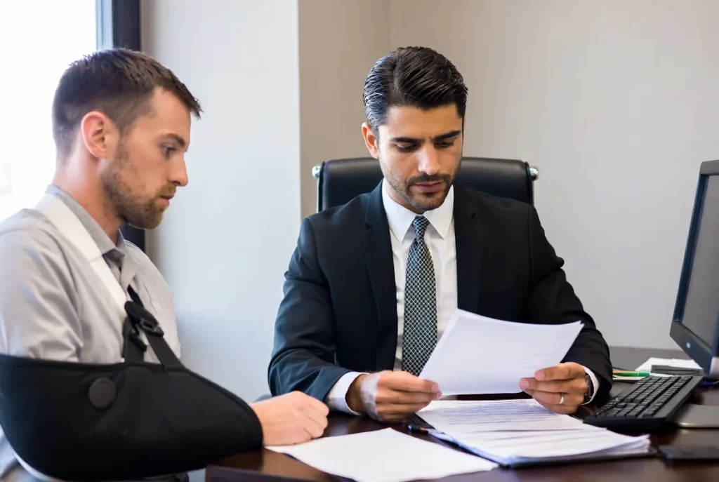 Edvin Jones, Las Vegas personal injury lawyer, helping an Uber and Lyft accident victim in Nevada. ادوین جونز، وکیل آسیب‌های شخصی در لاس‌وگاس، در حال مشاوره با قربانی تصادف اوبر و لیفت در نوادا. Injured in an Uber or Lyft accident? Contact Edvin Jones, Personal Injury Lawyer, for a free consultation. Call 702-337-3430. در تصادف اوبر یا لیفت آسیب دیده‌اید؟ با ادوین جونز، وکیل آسیب‌های شخصی، برای مشاوره رایگان تماس بگیرید. 702-337-3430 Nevada injury claim Personal injury attorney reviewing insurance denial letters, medical records, and accident documents with an injured client in Nevada.
