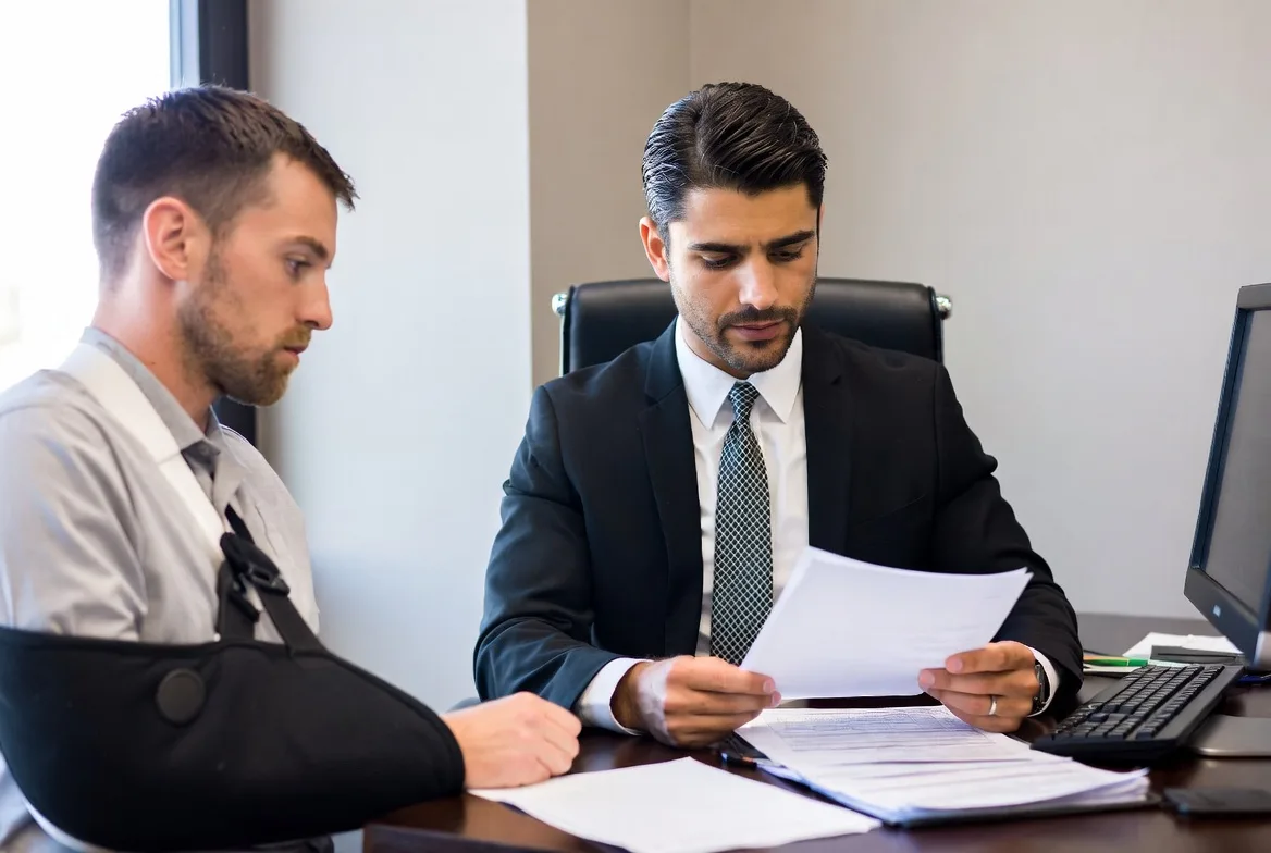 Nevada injury claim Personal injury attorney reviewing insurance denial letters, medical records, and accident documents with an injured client in Nevada.