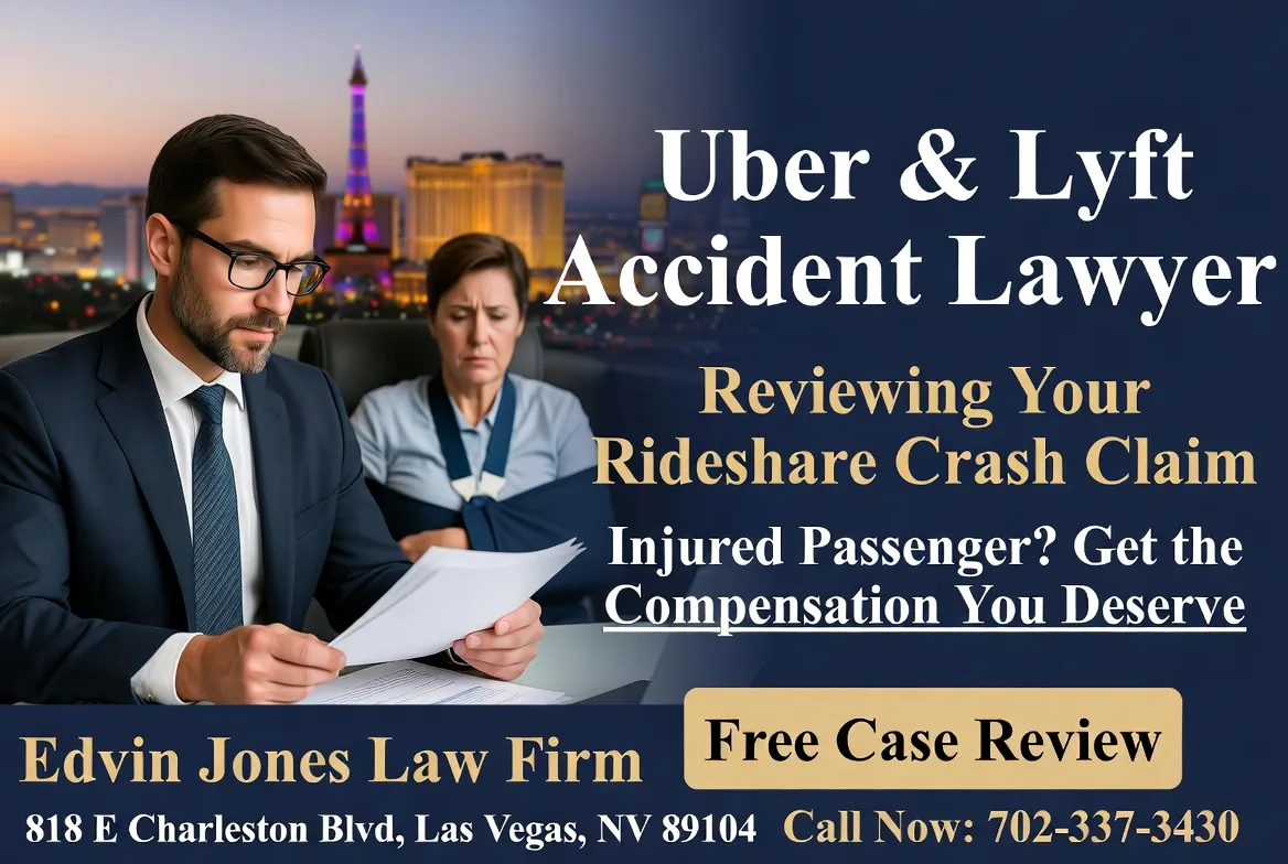 Nevada eyaletinin Las Vegas kentinde, yaralı bir yolcunun araç paylaşımı kazasına ilişkin tazminat talebini inceleyen Uber ve Lyft kaza avukatı.