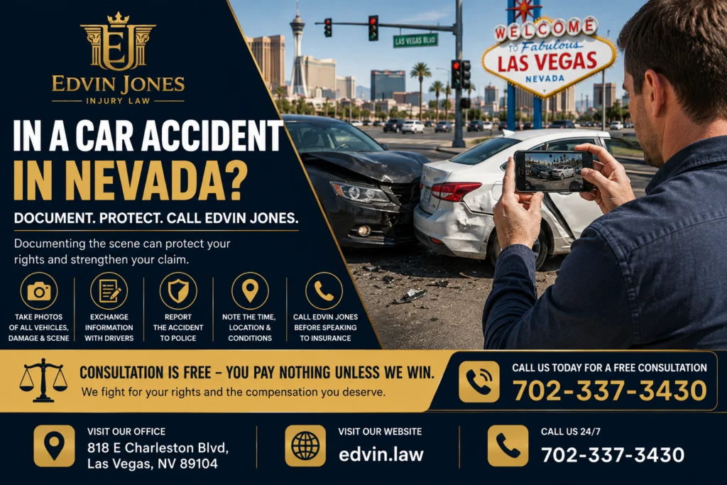 Conductor que documenta el lugar de un accidente de tráfico en Nevada tras una colisión.