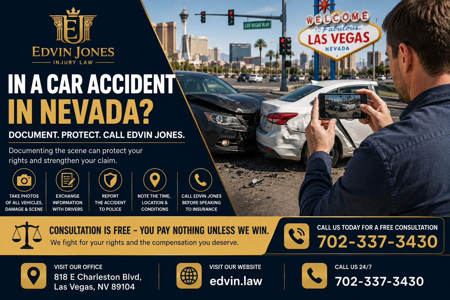 Driver documenting a car accident scene in Nevada after a traffic collision.
