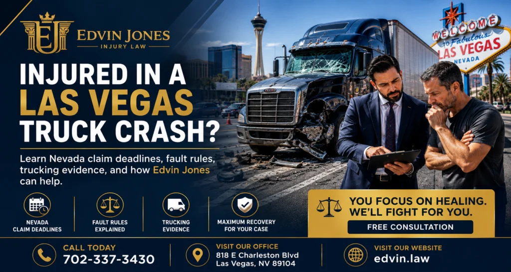 Injured in a Las Vegas truck crash Learn Nevada claim deadlines, fault rules, trucking evidence, and how Edvin Jones can help. e