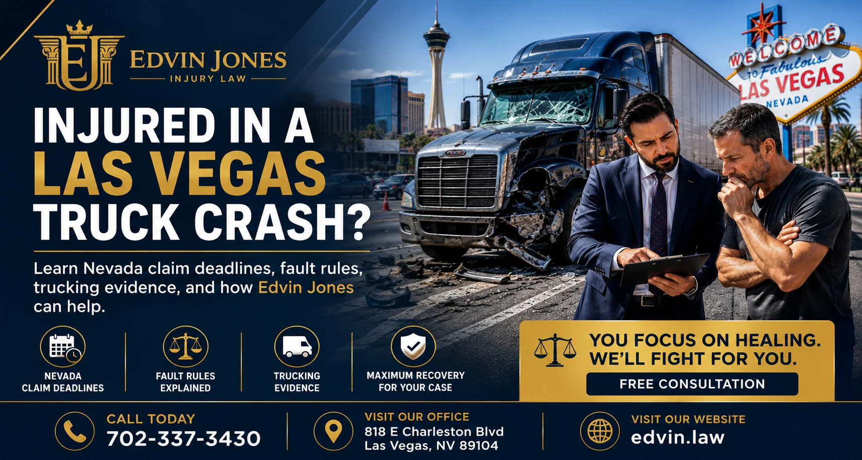 Injured in a Las Vegas truck crash Learn Nevada claim deadlines, fault rules, trucking evidence, and how Edvin Jones can help. e