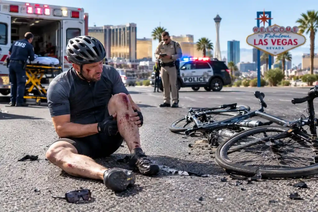 Injured cyclist and damaged bicycle after a traffic accident in Las Vegas
