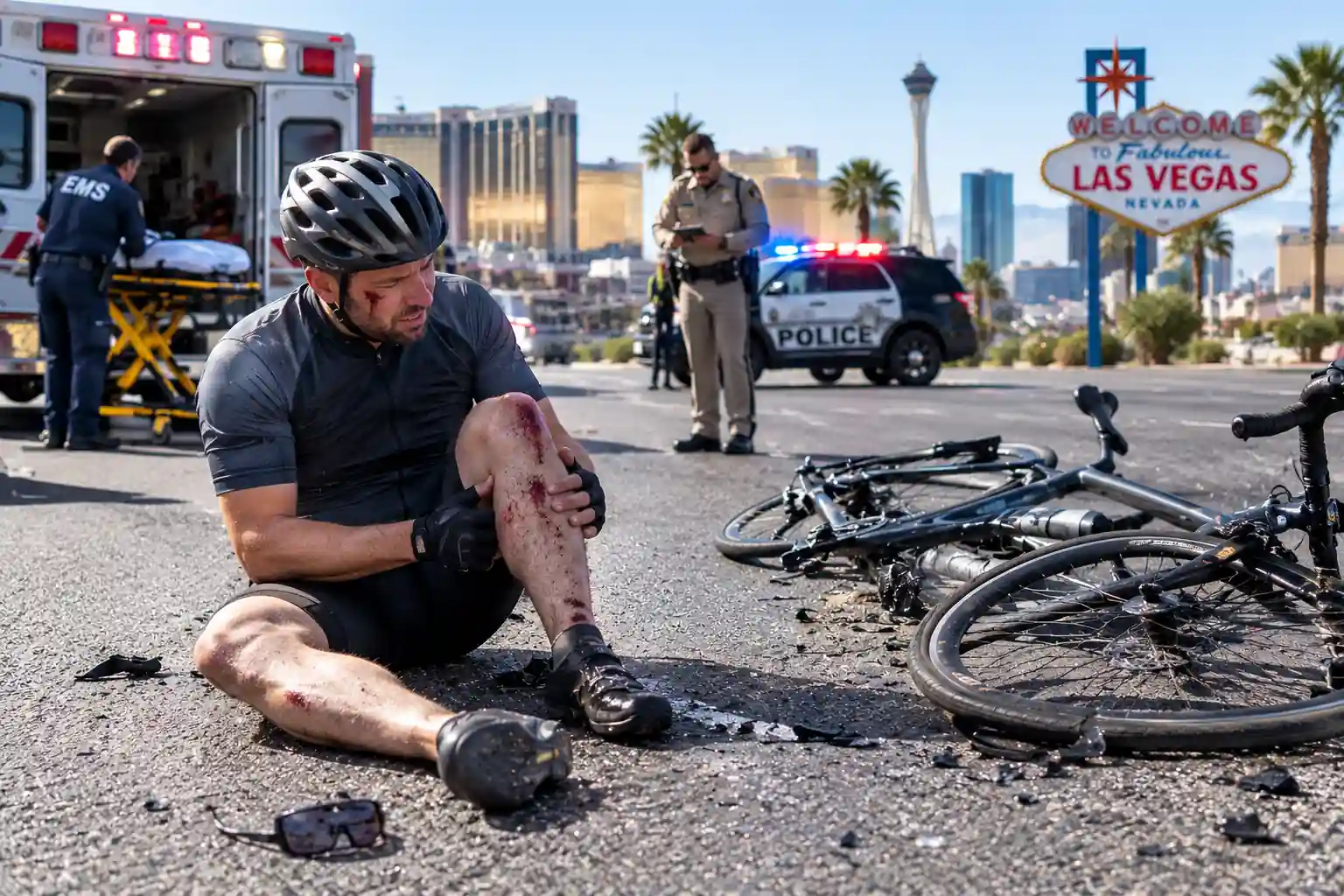 Ciclista herido y bicicleta dañada tras un accidente de tráfico en Las Vegas