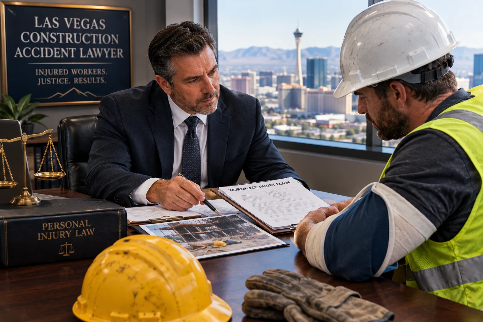 Abogado especializado en accidentes de construcción en Las Vegas que analiza un caso de accidente laboral en el que se ve implicado un trabajador de la construcción lesionado en Nevada.