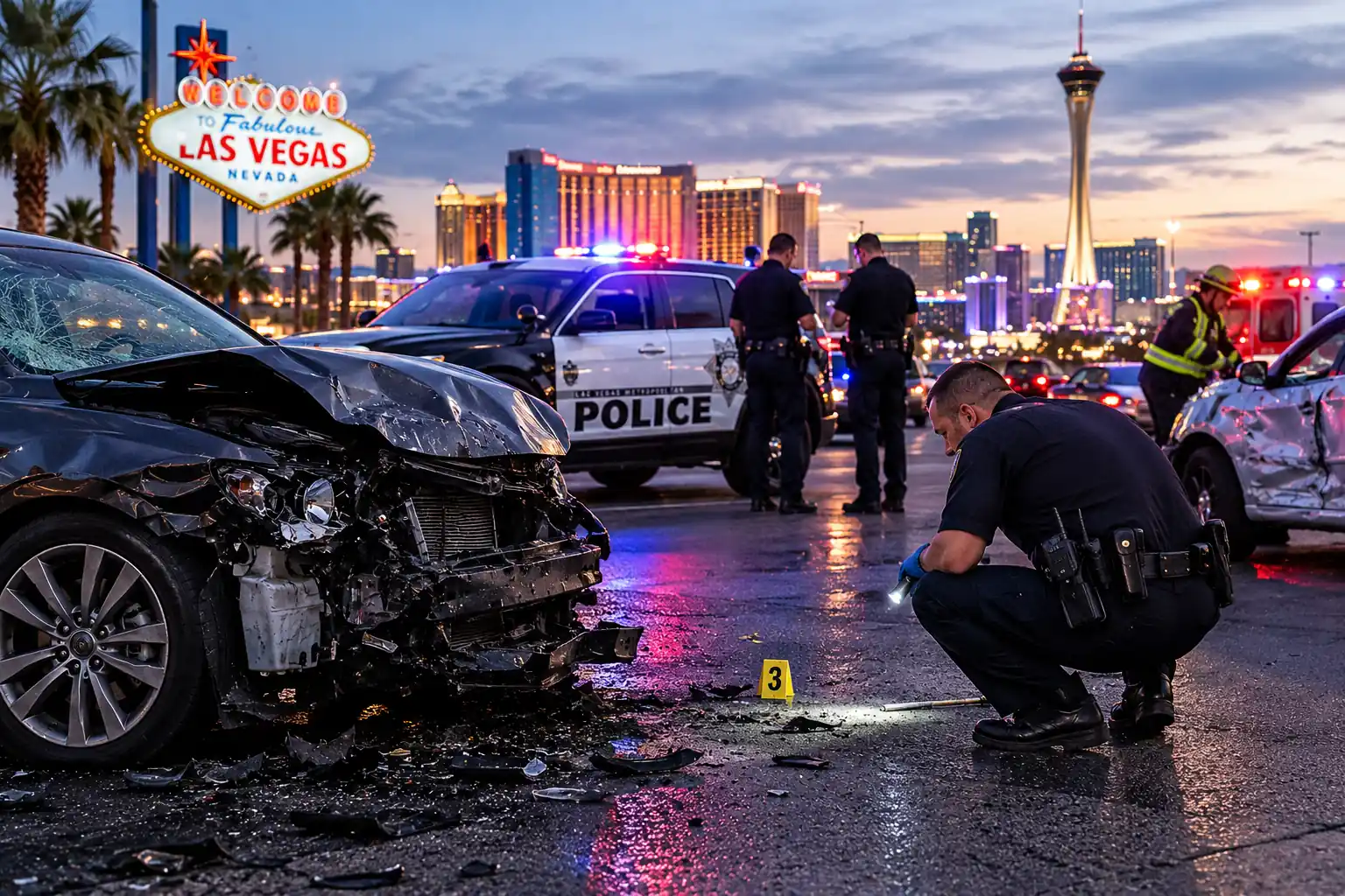 Escena de un accidente por conducción bajo los efectos del alcohol en Las Vegas, con vehículos dañados y la policía investigando un accidente en el que se sospecha que hubo conducción bajo los efectos del alcohol