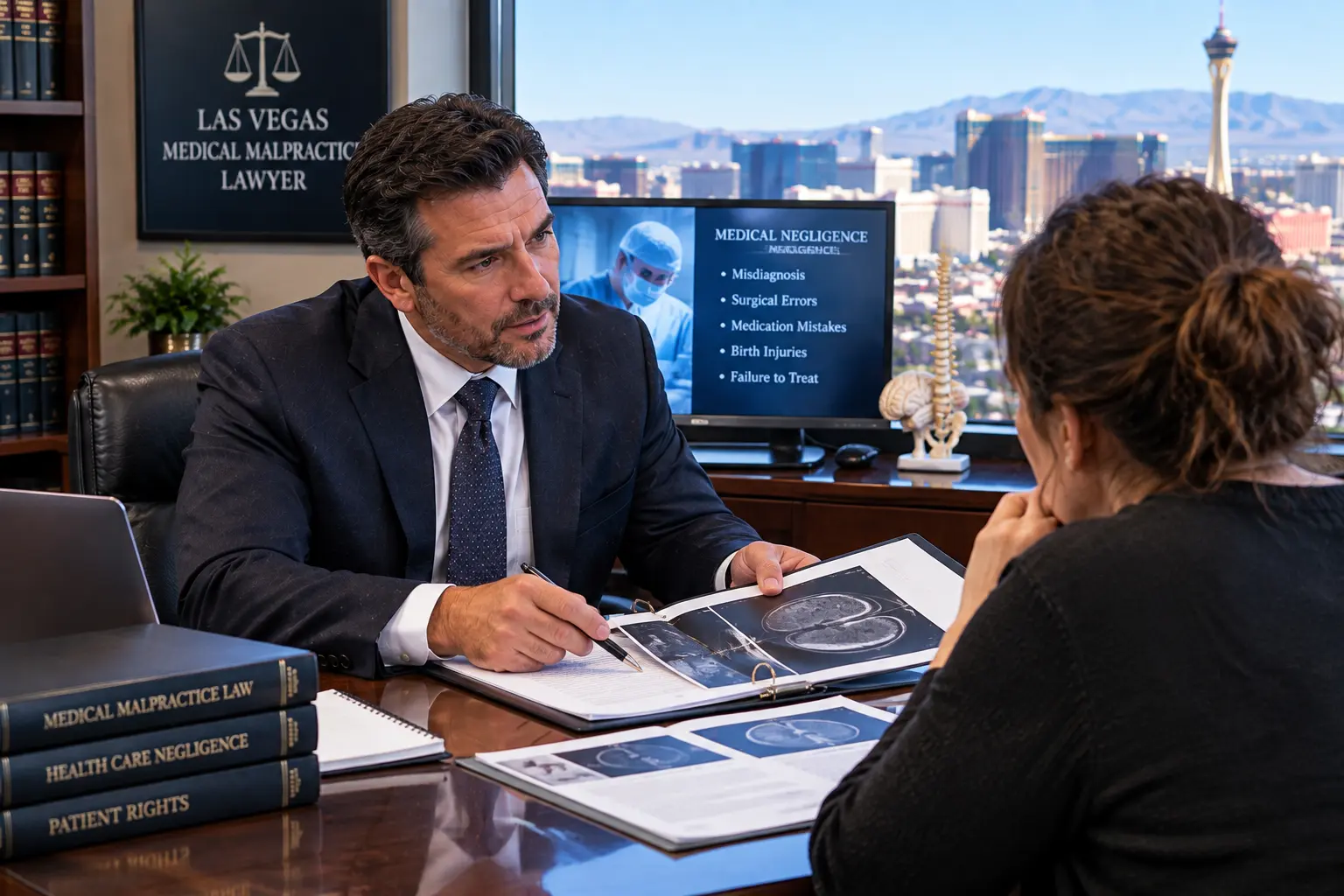 Medical malpractice lawyer in Las Vegas reviewing a medical negligence case with a client