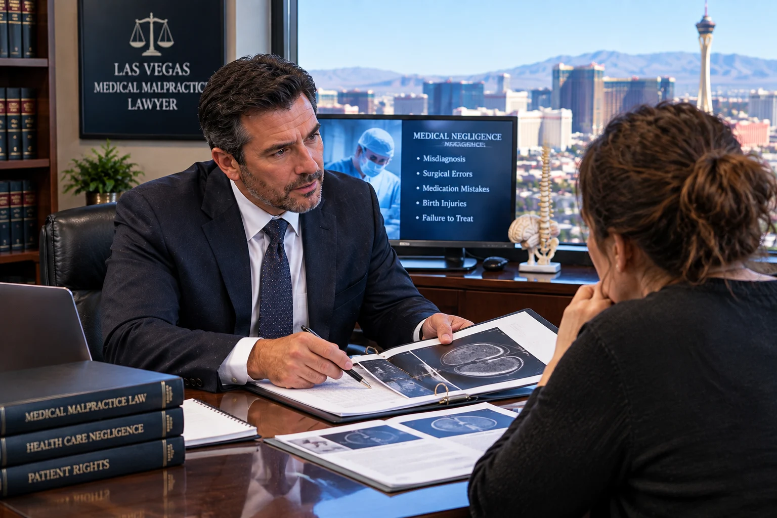 Abogado especializado en negligencia médica en Las Vegas revisando un caso de negligencia médica con un cliente